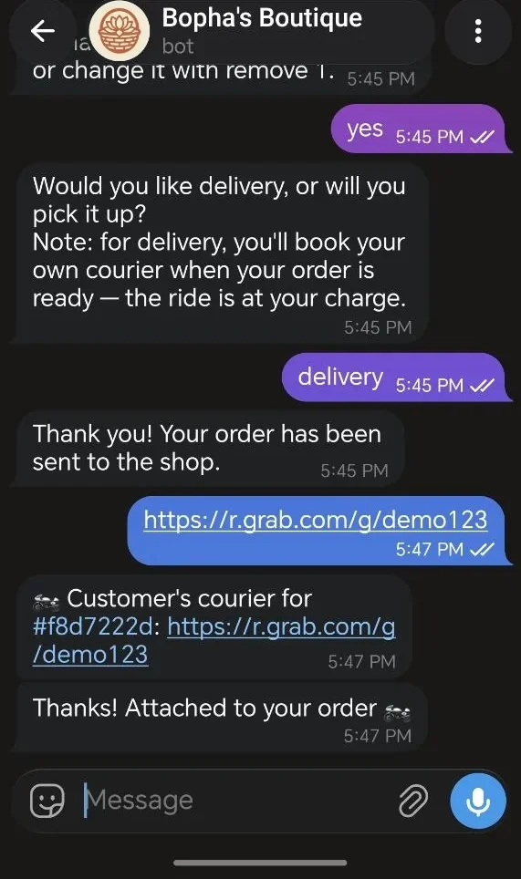 Telegram៖ អតិថិជនបិទភ្ជាប់តំណតាមដានរបស់អ្នកដឹកខ្លួនឯង ហើយ bot បញ្ជាក់ថាវាត្រូវបានភ្ជាប់ទៅការកម្ម៉ង់