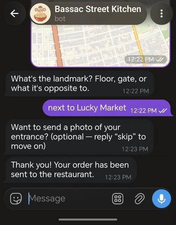 Telegram៖ អតិថិជនប្រាប់ចំណុចសម្គាល់ រំលងរូបថតច្រកចូលដែលជាជម្រើស ហើយការកម្ម៉ង់ត្រូវបានផ្ញើទៅភោជនីយដ្ឋាន