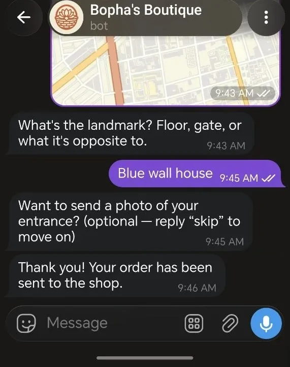Telegram៖ អតិថិជនប្រាប់ចំណុចសម្គាល់ រំលងរូបថតច្រកចូលដែលជាជម្រើស ហើយការកម្ម៉ង់ត្រូវបានផ្ញើទៅហាង